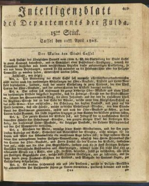 15tes Stück. Cassel den 11ten April 1808