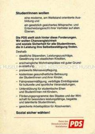 Flugblatt der PDS zum Hochschulwesen