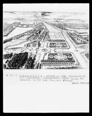 Chantilly, Schloss und Park, Gesamtansicht aus der Vogelschau, Eingangsseite