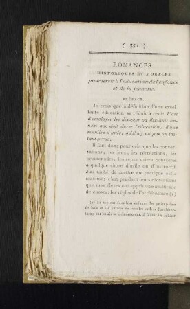 Romances Historiques Et Morales pour servir à l'éducation de l'enfance et de la jeunesse.