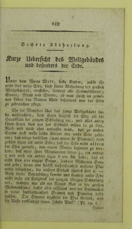 Sechste Abtheilung. Kurze Uebersicht des Weltgebäudes und besonders der Erde