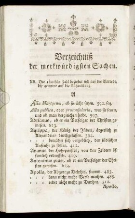 Verzeichniß der merkwürdigsten Sachen.