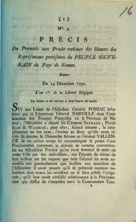 Precis Du Protocole aux Proces verbaux des Seances des Representans provisoires du Peuple Souverain du Pays de Namur. Seance Du 14. Decembre 1792. Ll'an 1er de la Liberte Belgique.