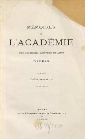 Mémoires de l'Académie des Sciences, Lettres et Arts d'Arras, 21. 1890
