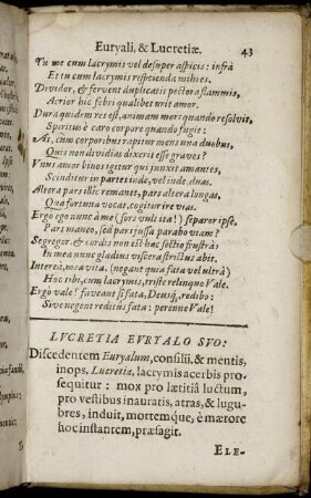Lucretia Euryalo Suo: Discedentem Euryalum, consilii, & mentis, inops, Lucretia, lacrymis acerbis prosequitur: [...] Elegia XIII.