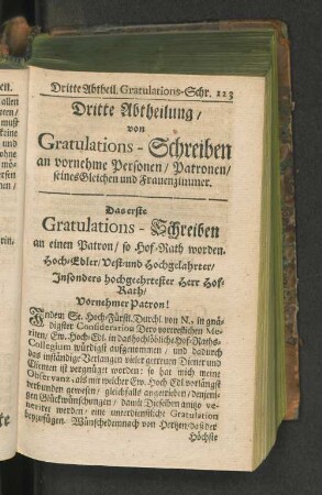 Dritte Abtheilung, von Gratulations-Schreiben an vornehme Personen / Patronen/ seines Gleichen und Frauenzimmer.