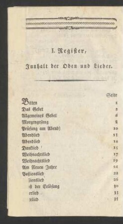 I. Register, Innhalt der Oden und Lieder