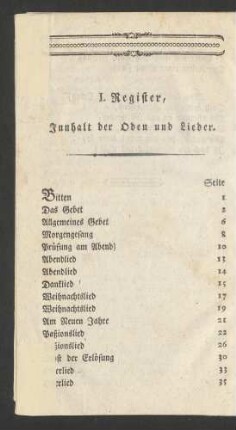 I. Register, Innhalt der Oden und Lieder