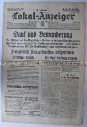 Tageszeitung "Berliner Lokal-Anzeiger" u.a. zur Rede Hitlers an die Wehrmachts-Verbände in den Niederlanden