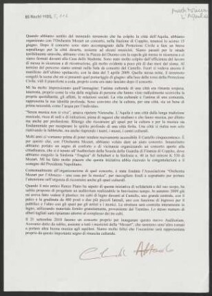 Text von C. Abbado über das Erdbeben in L'Aquila (2009) und das neue Auditorium