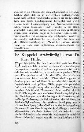 Ist Kuppelei strafwürdig? / von Dr. Kurt Hiller