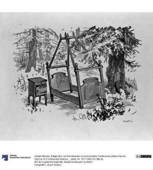 Bettgestell und Nachtkasten im verschneiten Fichtenwald (Adam träumt, dass er im Fichtenwald übernachten müsste), zu Heinrich von Kleist "Der Zerbrochene Krug"