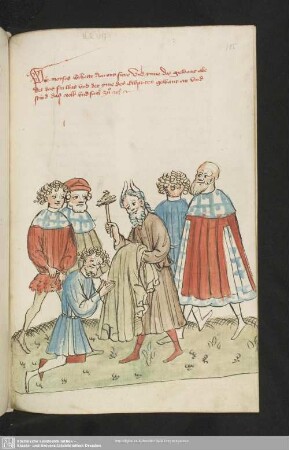 145r: kolorierte Federzeichnung: Moses weiht Aarons Sohn