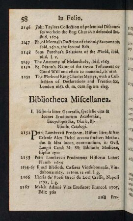 58-86, I. Historia Liter., Icones & Acta eruditor, &c. - V. Antiquitates, Inscriptiones, Emblemata, Symbola, Icones Principum, Numismata
