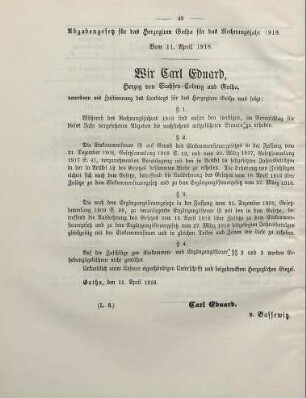 Abgabengesetz für das Herzogtum Gotha für das Rechnungsjahr 1918. Vom 11. April 1918