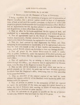 Regulation, No. I. of 1823. A regulation for the registry of land at Singapore