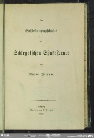 Zur Entstehungsgeschichte des Schlegelschen Shakespeare