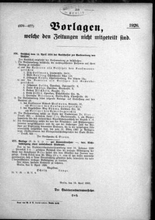 Anlage: (376-377), Vorlagen, welche den Zeitungen nicht mitgeteilt sind, 16. April 1926