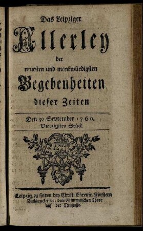 Den 30 September 1760. Vierzigstes Stück.
