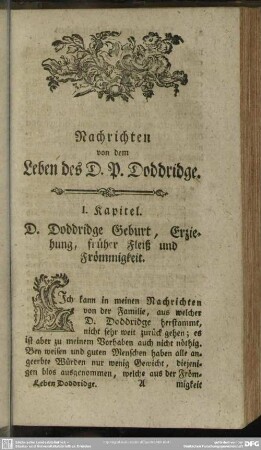 I. Kapitel. D. Doddridge Geburt, Erziehung, früher Fleiß und Frömmigkeit