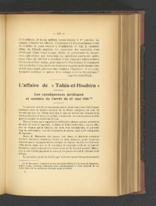 L'affaire de "Tabia-el-Houbira". Les conséquences juridiques et sociales de l'arret du 15 mai 1911.