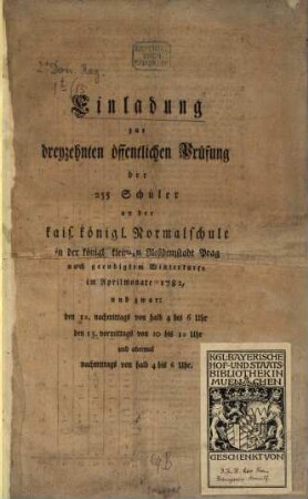 Einladung zur ... öffentlichen Prüfung der ... Schüler an der Kais.-Königl. Normalschule in der Königl. Kleinern Residenzstadt Prag, 13. 1782