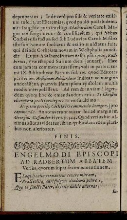 Engelmodi Episcopi Ad Radbertum Abbatem Versus, quorum supra fecimus mentionem