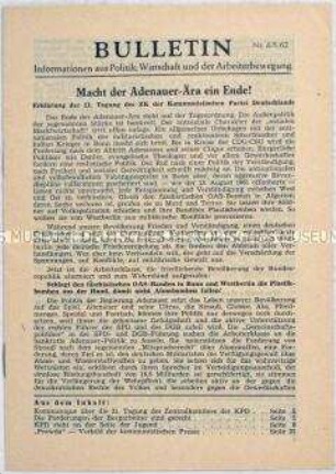 Illegales Informationsblatt der KPD "Bulletin" u.a. mit einer Erklärung der 21. Tagung des Zentralkomitees der KPD im Mai 1962