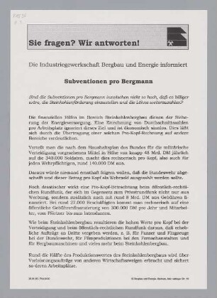 "Sie fragen? Wir antworten! Subventionen pro Bergmann"