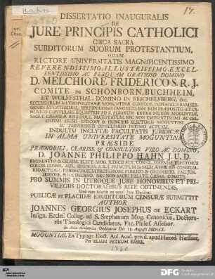 Dissertatio Inauguralis De Jure Principis Catholici Circa Sacra Subditorum Suorum Protestantium