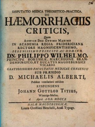 Disputatio Medica Theoretico-Practica, De Hæmorrhagiis Criticis