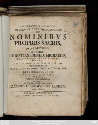 Dissertatione Inavgvrali Observationes Philologicas De Nominibvs Propriis Sacris ...