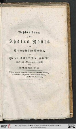 I. Beschreibung des Thales Ronca im im Veronesischen Gebiet, von Herrn Abbt Albert Fortis