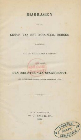 Bijdragen tot de kennis van het koloniaal beheer