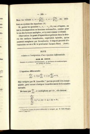 Note relative à l´intégration d´une équation différentielle.