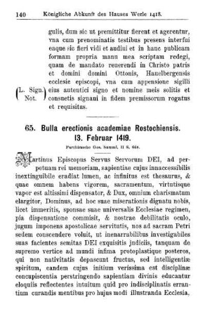 65. Bulla erectionis academiae Rostochiensis. 13. Februar 1419.