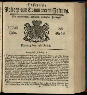 29tes Stueck, Montag den 18ten Julius 1774