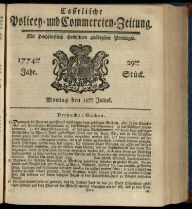 29tes Stueck, Montag den 18ten Julius 1774