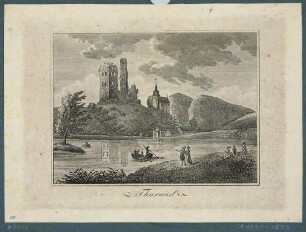 Blick über den Schlossteich auf die Burgruine und die Stadt- und Bergkirche in Tharandt, mit Booten