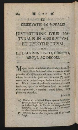 IX. Observatio (a) Moralis De Distinctione Iuris Naturalis in Absolutum Et Hypotheticum Item De Discrimine Iusti, Honesti, Aequi, Ac Decori