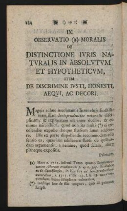 IX. Observatio (a) Moralis De Distinctione Iuris Naturalis in Absolutum Et Hypotheticum Item De Discrimine Iusti, Honesti, Aequi, Ac Decori