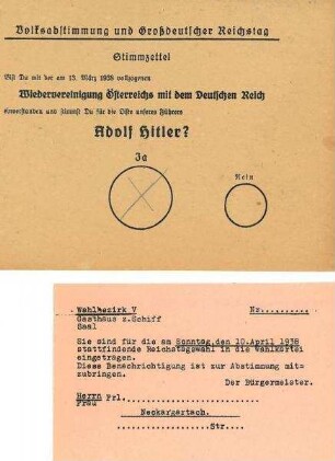 Stimmzettel zur Volksabstimmung über den Anschluss Österreichs und die Reichstagswahl