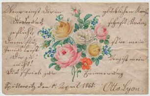 Poesieblatt mit Blumenstrauß und Widmung : Poesieblatt mit Blumenstrauß und Widmung. Farbdruck mit Autograph auf Papier; 7,2 x 11,6 cm (Blattgröße) 1865
