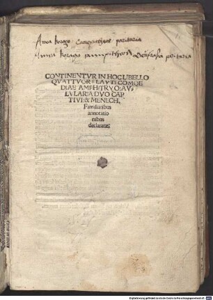 Continentvr In Hoc Libello Qvattvor Plavti Comoediae : Amphitryo: Avlvlaria: Dvo Captivi: & Menech. Familiaribus annotationibus declaratæ