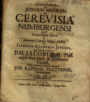 Disputatio seu Judicium Medicum De Cerevisia Numburgensi