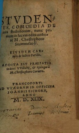 Stvdentes : Comoedia De uita studiosorum