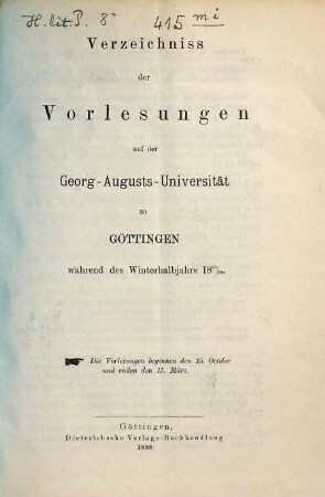 Verzeichnis der Vorlesungen. 1888/89. WH