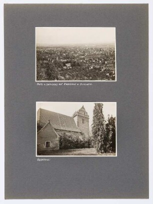 Referenzmappe 3/17 des Fotografen Walter Möbius : Mappenblatt 28 mit zwei Fotografien (Blick vom Spitzhaus auf Radebeul und Alte Kirche in Coswig)