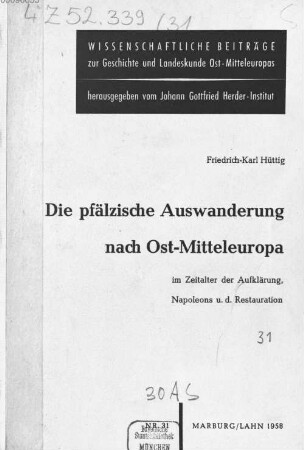 Die pfälzische Auswanderung nach Ost-Mitteleuropa im Zeitalter der Aufklärung, Napoleons und der Restauration
