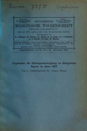 Ergebnisse der Schutzpockenimpfung im Königreiche Bayern für das Jahr.... 1887 (1888)